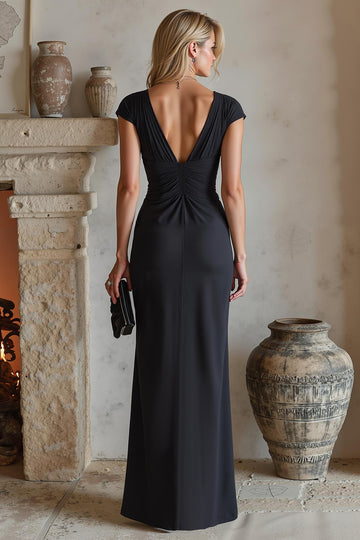 Black Sheath Ruched Long Formal Dress With Slit